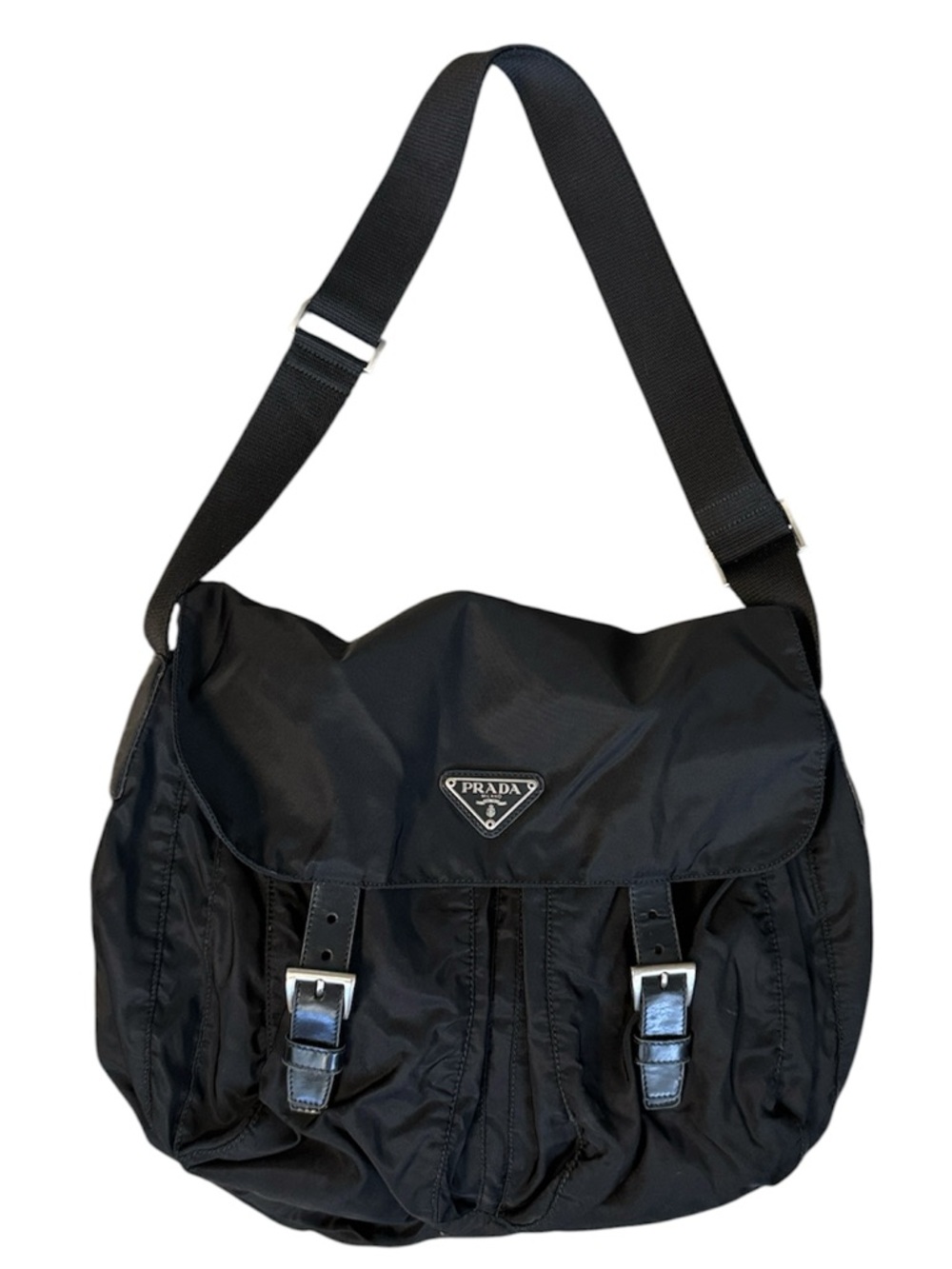 Vintage Prada Tessuto Nylon Triangle Logo Crossbody Messenger Bag Black